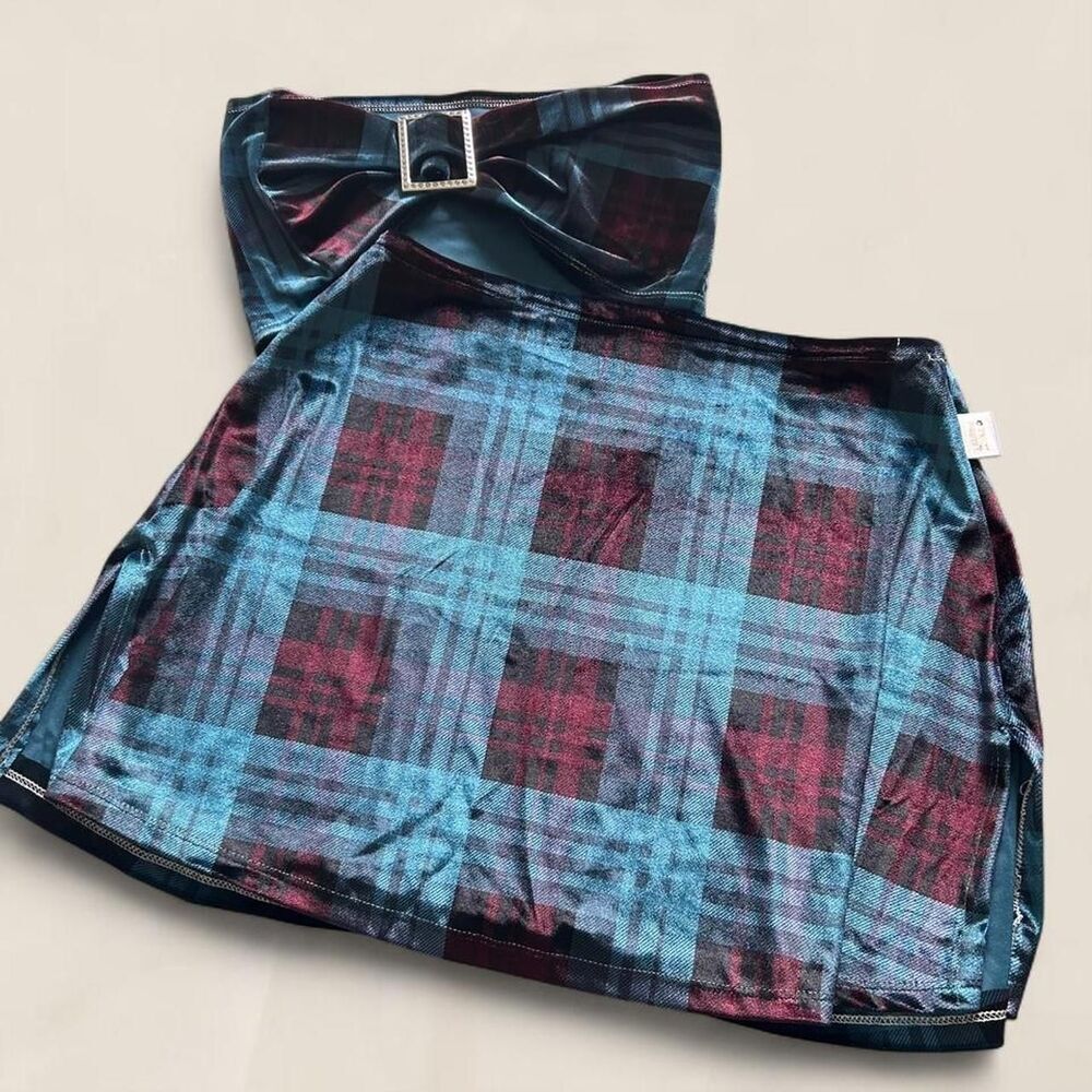 Nebbity two piece velvet plaid blue set top + skirt size small